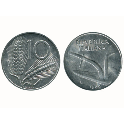 Монета 10 лир Италии 1969 г.