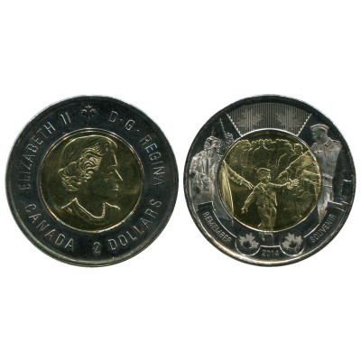 Биметаллическая монета 2 доллара Канады 2014 г., 75 лет с начала Второй Мировой войны