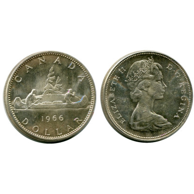 Серебряная монета 1 доллар Канады 1966 г., Каноэ