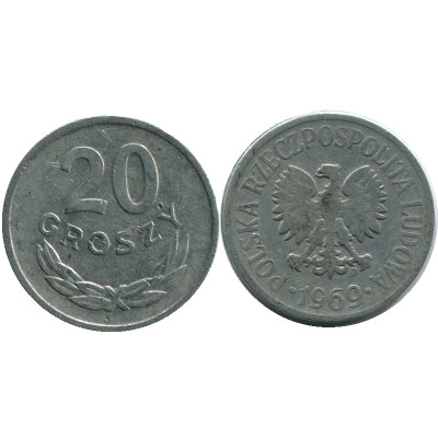 Монета 20 грошей Польши 1969 г.