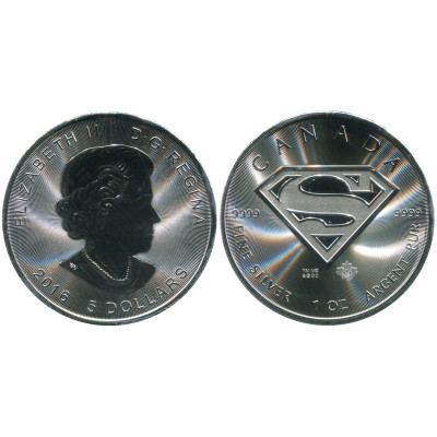 Серебряная монета 5 долларов Канады 2016 г. Супермен