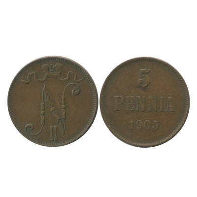 Монета 5 пенни Российской империи (Финляндии) 1905 г.