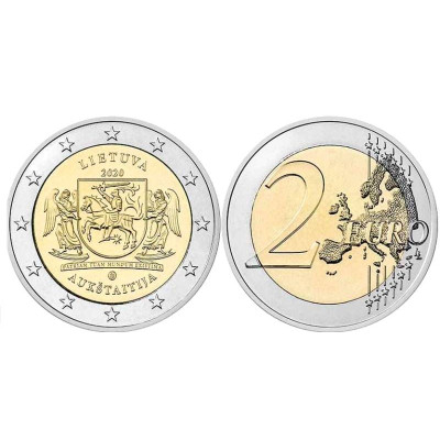 Биметаллическая монета 2 Евро Литвы 2020 г. Аукштайтия