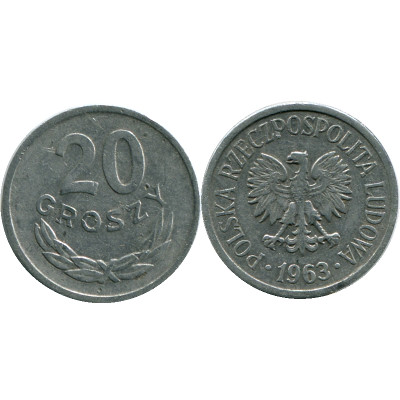 Монета 20 грошей Польши 1963 г.