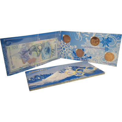 Набор из 4-х монет и банкноты, Сочи - 2014 (бронзовое покрытие в буклете)