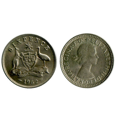 Серебряная монета 6 пенсов Австралии 1962 г.