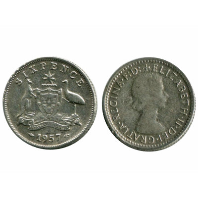 Серебряная монета 6 пенсов Австралии 1957 г.