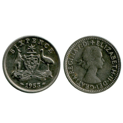 Серебряная монета 6 пенсов Австралии 1955 г.