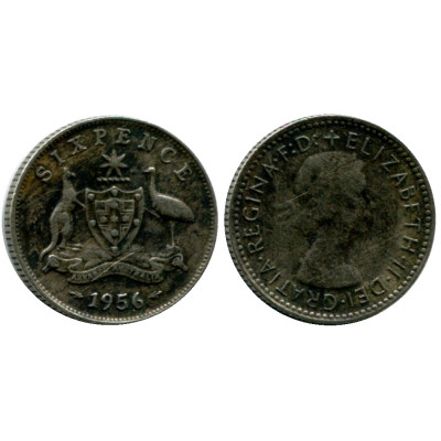 Серебряная монета 6 пенсов Австралии 1956 г.