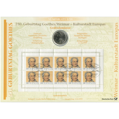 Серебряная монета 10 марок Германии 1999 г. (250 лет со дня рождения Иоганна Вольфганга фон Гёте)