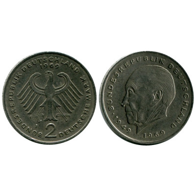 Монета 2 марки Германии 1969 г. (J) Конрад Аденауэр