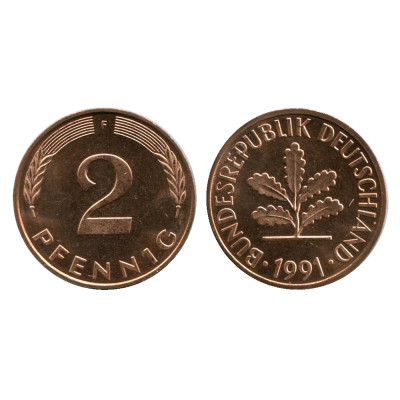 Монета 2 пфеннига Германии 1991 г. (F)