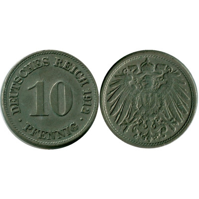Монета 10 пфеннигов Германии 1912 г. (D)