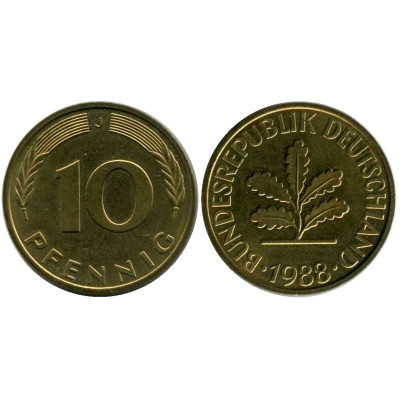 Монета 10 пфеннигов Германии 1988 г. (J)