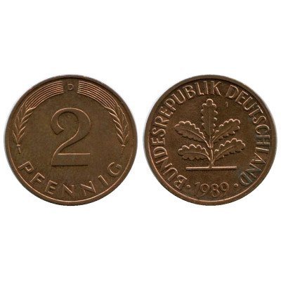 Монета 2 пфеннига Германии 1989 г. (D)