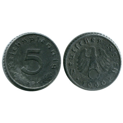 Монета 5 рейхспфеннигов Германии 1940 г. (D)