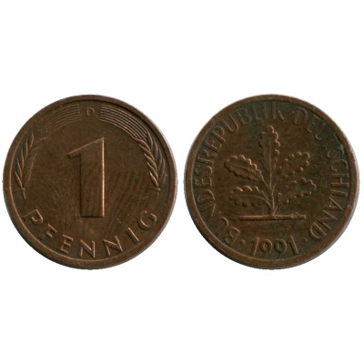 Монета 1 пфенниг Германии 1991 г. (D)