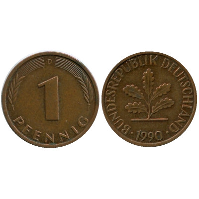 Монета 1 пфенниг Германии 1990 г. (D)
