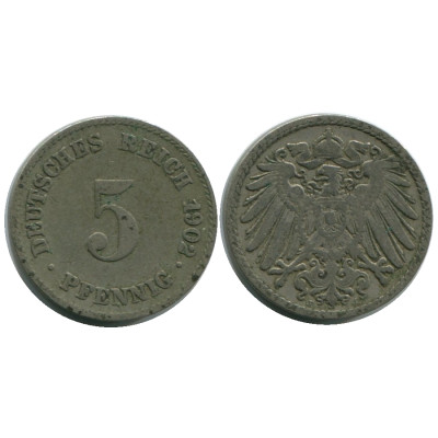 Монета 5 пфеннигов Германии 1902 г. (J)