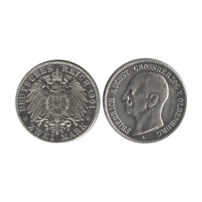 Серебряная монета 2 марки Германии 1901 г. (Фредрик Август Великий князь V Ольденбурга), (копия)