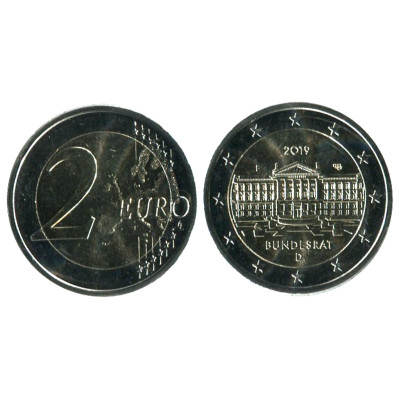 Биметаллическая монета 2 евро Германии 2019 г., 70-летие Бундесрата (F)