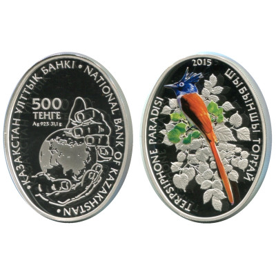 Серебряная монета 500 тенге Казахстана 2015 г., Райская мухоловка