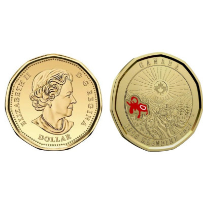 Монета 1 доллар Канады 2021 г. 125 лет Золотой лихорадке в Клондайке цветная