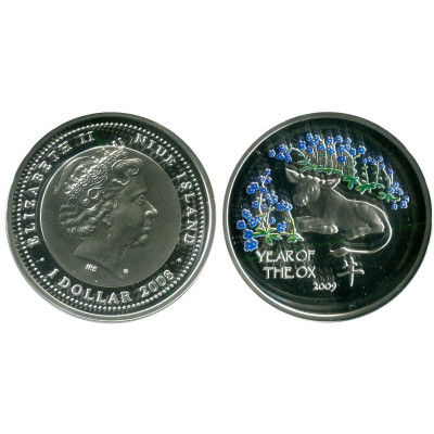 Монета 1 доллар Острова Ниуэ 2014 г. Год быка (синие цветы)