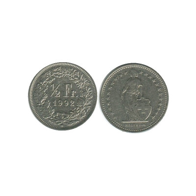 Монета 1/2 франка Швейцарии 1992 г.
