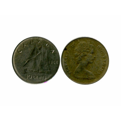 Серебряная монета 10 центов Канады 1968 г. никель