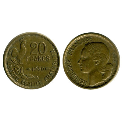 Монета 20 франков Франции 1950 г. (3 пера, полное имя)