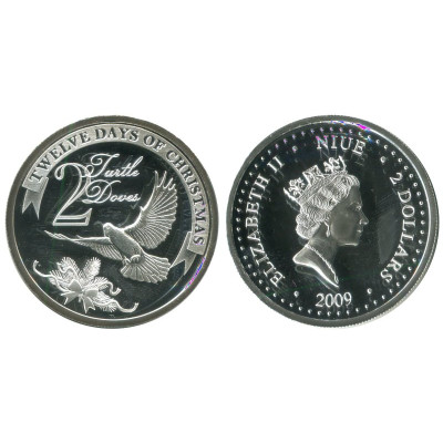 Серебряная монета 2 доллара Острова Ниуэ 2009 г. 12 дней рождества Горлицы ( 2-й день )