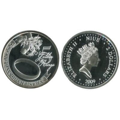 Серебряная монета 2 доллара Острова Ниуэ 2009 г. 12 дней рождества Золотые кольца ( 5-й день )