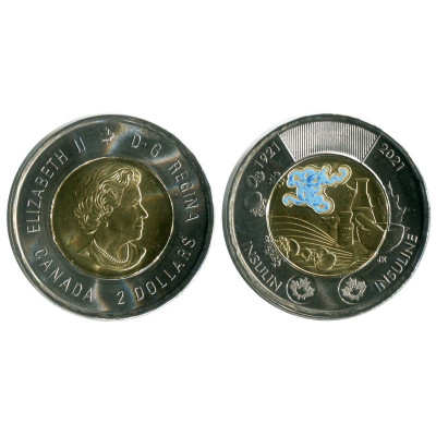 Биметаллическая монета 2 доллара Канады 2021 г. Открытие инсулина ЦВЕТНАЯ (медицина)