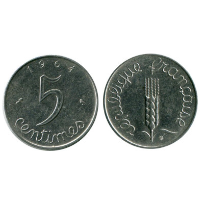Монета 5 сантимов Франции 1964 г.