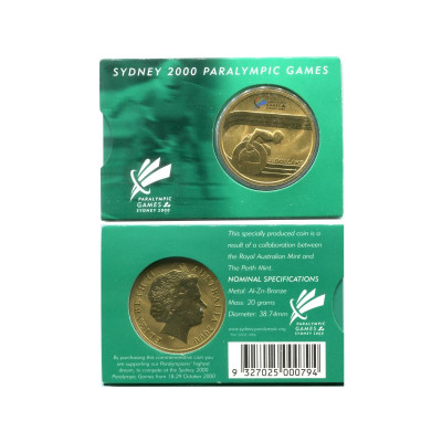 Монета 5 долларов Австралии 2000 г. XI Летние Паралимпийские игры, Сидней 2000 - Гонки на инвалидных колясках в блистере