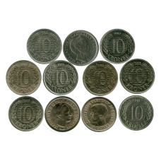 Набор из 9-ти монет Дании 10 крон 1979-1988 гг.
