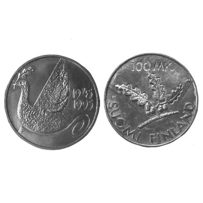 Монета 100 марок Финляндии 1995 г. 50 лет ООН (голубь мира)
