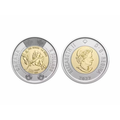 Биметаллическая монета 2 доллара Канады 2022 г. 50 лет Суперсерии по хоккею СССР-Канада
