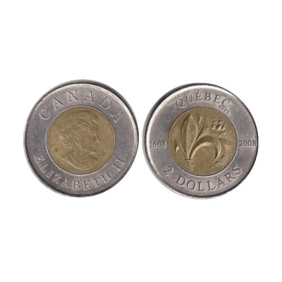 Биметаллическая монета 2 доллара Канады 2008 г. 400 лет с момента основания Квебека