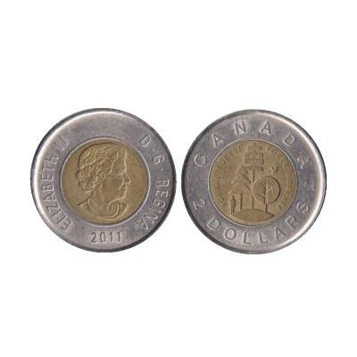 Биметаллическая монета 2 доллара Канады 2011 г. Тайга - половина суши Канады
