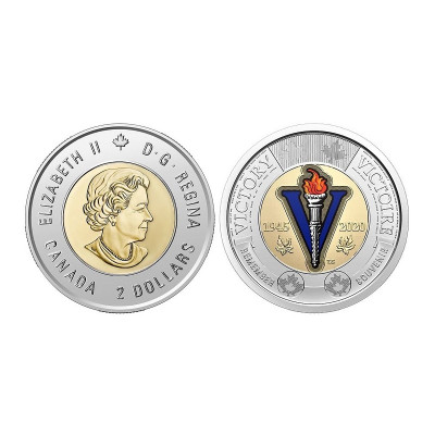 Монета 2 доллара Канады 2020 г. 75 лет окончания Второй Мировой войны цветная