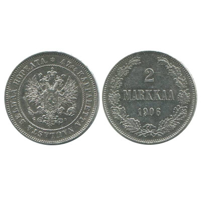 Серебряная монета 2 марки Российской империи (Финляндии) 1906 г. (L)