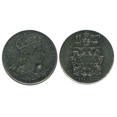 Монета 50 центов Канады 2002 г. 50 лет правлению Королевы Елизаветы II (1952-2002)