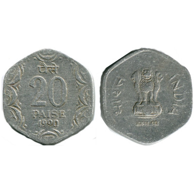 Монета 20 пайсов Индии 1990 г.