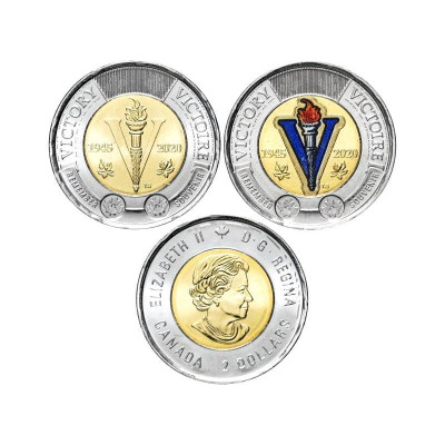 Набор юбилейных биметаллических монет 2 доллара Канады 2020 г. 75 лет окончания Второй Мировой войны 