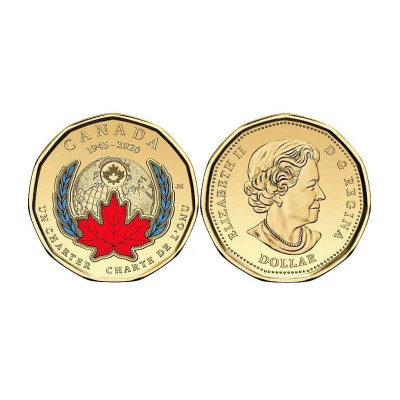 Монета 1 доллар Канады 2020 г. 75 лет ООН цветная