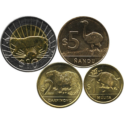 Набор 4 монеты Уругвая 2015-2019 гг. Животные (Броненосец, Капибара, Нанду, Пума)