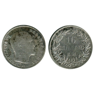Монета 16 скиллинг-ригсмёнтов Дании 1857 г.