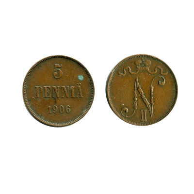 Монета 5 пенни Российской империи (Финляндии) 1906 г.